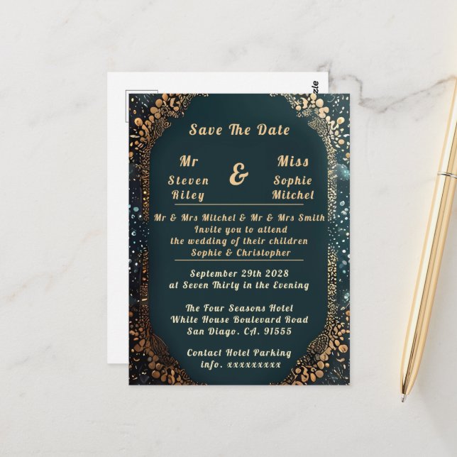 Luxurious Black and Gold Floral Wedding Invitation Postcard (Front/Back In Situ)