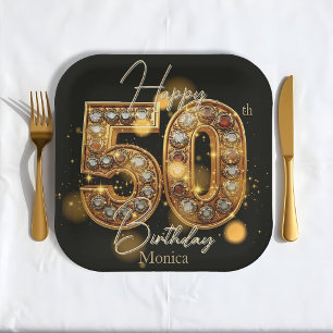 Luxurious Black and Gold Gemstone 50th Birthday Paper Plates