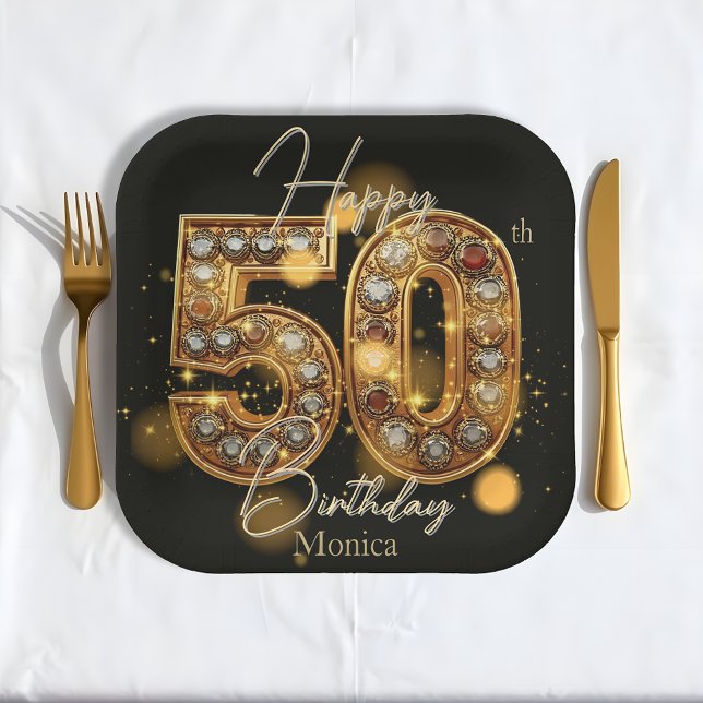 Luxurious Black and Gold Gemstone 50th Birthday Paper Plates (Creator Uploaded)