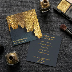Luxurious Black and Gold Glitter nail beauty salon Square Business Card