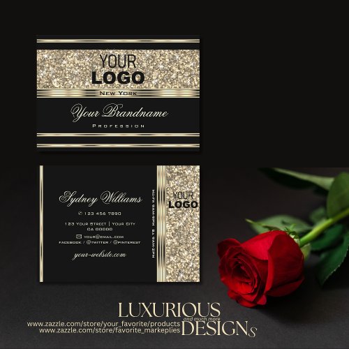 Luxurious Black and Gold Glitter Stars add Logo Business Card