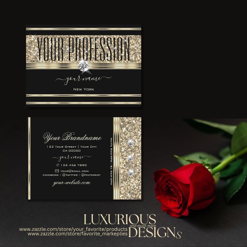 Luxurious Black and Gold Glitter Stars Diamonds Business Card