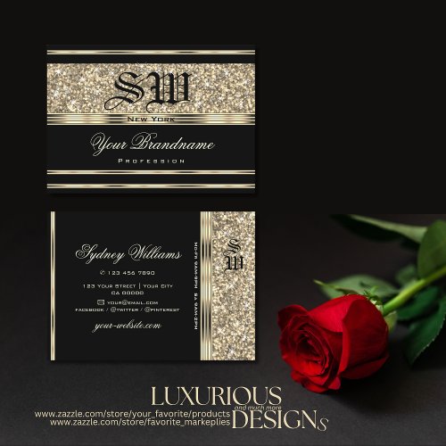 Luxurious Black and Gold Glitter Stars Monogram Business Card