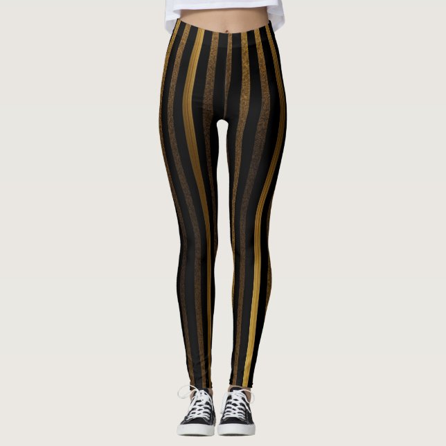 Luxurious Black and Gold Stripes Leggings (Front)