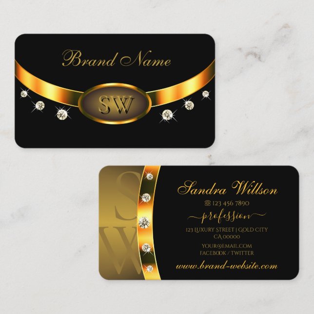 Luxurious Black and Gold with Monogram Diamonds Business Card (Front/Back)