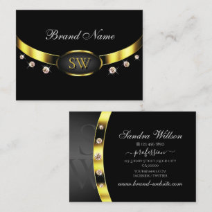 Luxurious Black and Gold with Monogram Diamonds Business Card