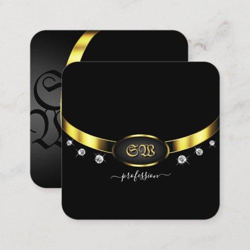 Luxurious Black and Gold with Monogram Diamonds Square Business Card