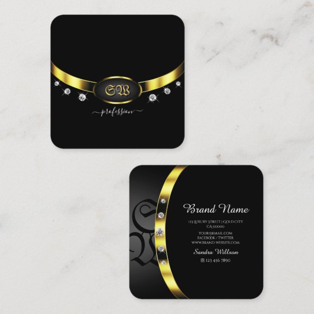 Luxurious Black and Gold with Monogram Diamonds Square Business Card (Front/Back)
