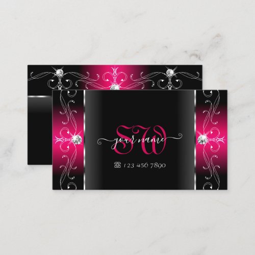 Luxurious Black and Pink Squiggled Jewels Monogram Business Card