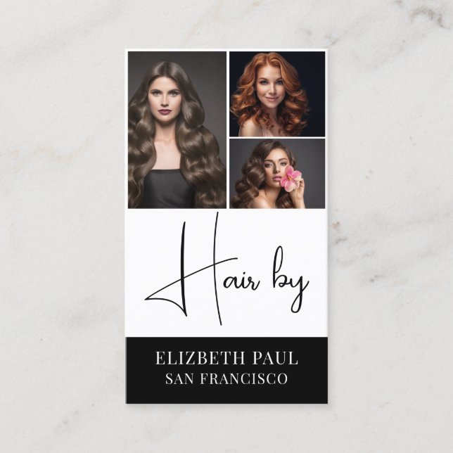 Luxurious Black and White hair stylist 3 photo Business Card (Front)