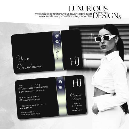 Luxurious Black Blue Silver Decor Jewels Monogram Business Card