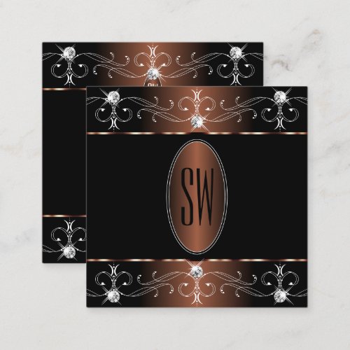 Luxurious Black Brown Ornate Ornaments Monogram Square Business Card