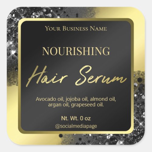 Luxurious Black Glitter Gold Hair Serum Labels