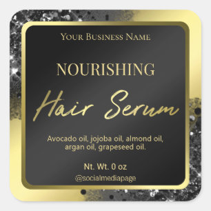 Luxurious Black Glitter Gold Hair Serum Labels