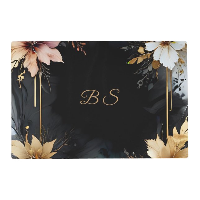 luxurious black gold agate floral marble  placemat (Front)