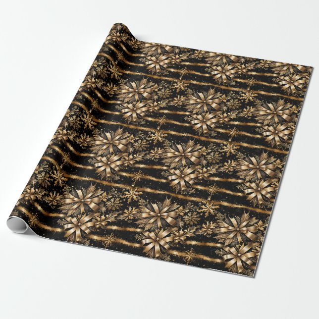 Luxurious Black Gold Bow Snowflakes Christmas Wrapping Paper (Unrolled)