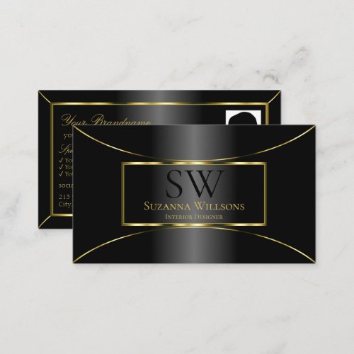 Luxurious Black Gold Decor with Monogram and Photo Business Card