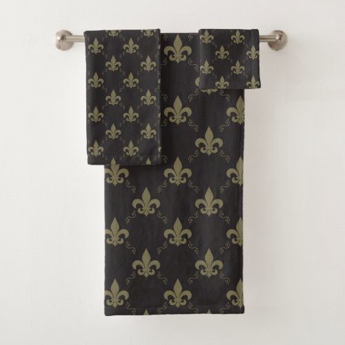 Luxurious Black Gold Fleur De Lis Pattern Bath Towel Set