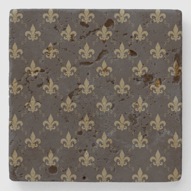 Luxurious Black Gold Fleur De Lis Pattern Stone Coaster (Front)