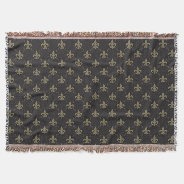 Luxurious Black Gold Fleur De Lis Pattern Throw Blanket (Front)