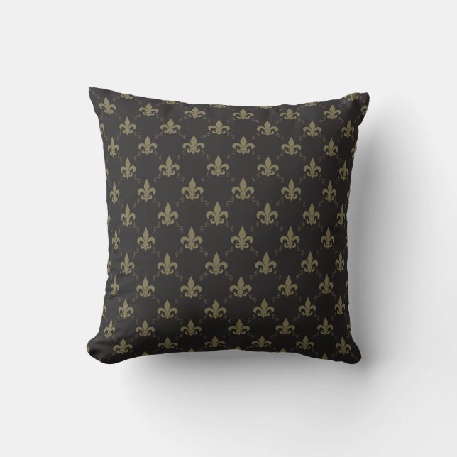 Luxurious Black Gold Fleur De Lis Pattern Throw Pillow (Front)