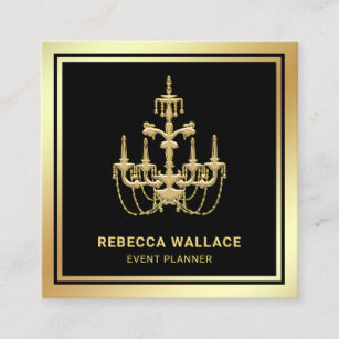 Luxurious Black Gold Foil Chandelier Event Planner Square Business Card