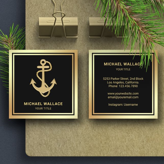 Luxurious Black Gold Foil Nautical Rope Anchor Square Business Card (Creator Uploaded)