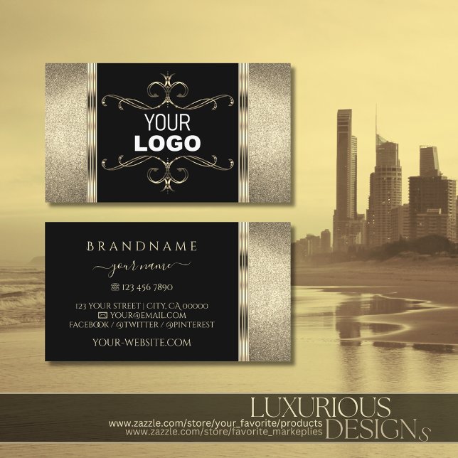 Luxurious Black Gold Glitter Add Logo Ornate Decor Business Card (Creator Uploaded)