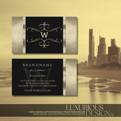 Luxurious Black Gold Glitter Monogram Ornate Decor Business Card