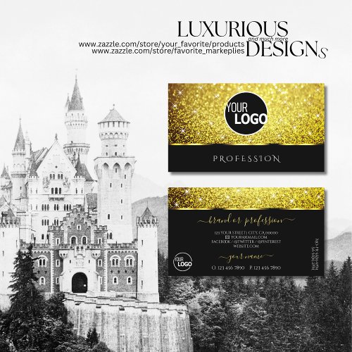 Luxurious Black Gold Glitter Spark Stars add Logo Business Card