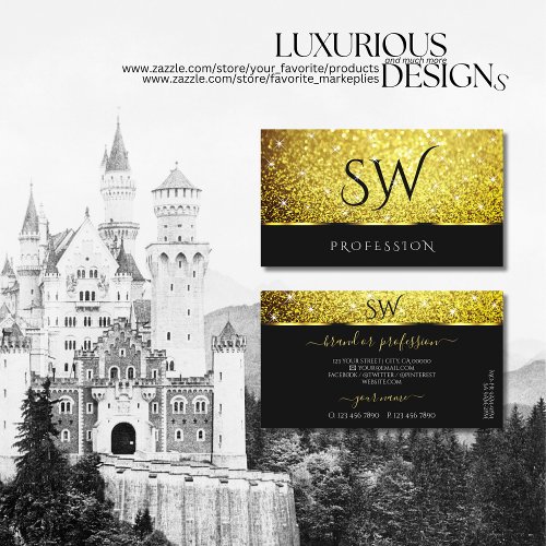 Luxurious Black Gold Glitter Spark Stars Initials Business Card