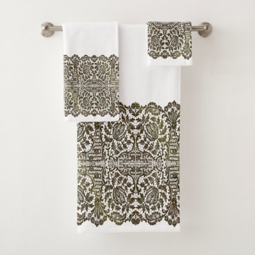 LUXURIOUS BLACK GOLD Lace on white Bath Towel Set