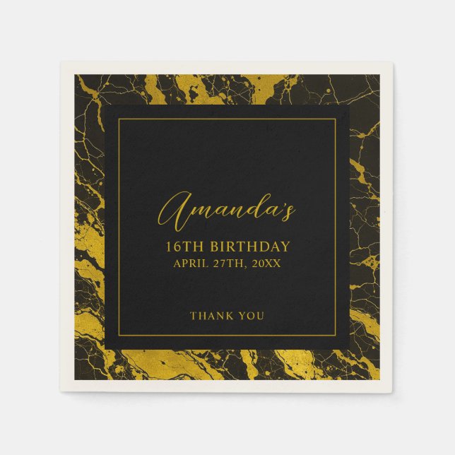 Luxurious Black & Gold Marble Sweet 16 Birthday Napkins (Front)