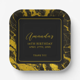 Luxurious Black & Gold Marble Sweet 16 Birthday Paper Plates