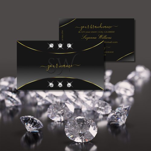 Luxurious Black Gold Ornate Diamonds and Monogram Business Card
