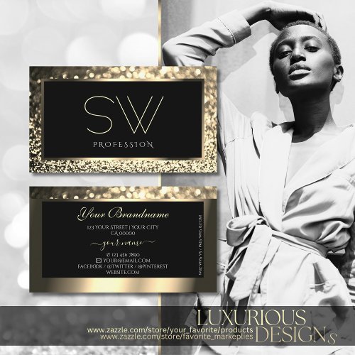 Luxurious Black Gold Sparkle Glitter with Monogram Business Card