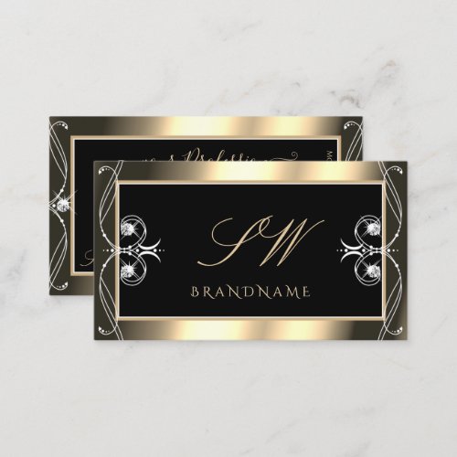 Luxurious Black Gold Sparkling Diamonds Monogram Business Card