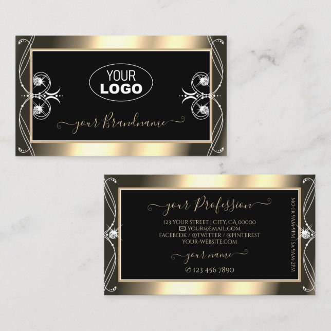 Luxurious Black Gold Sparkling Diamonds with Logo Business Card (Front/Back)