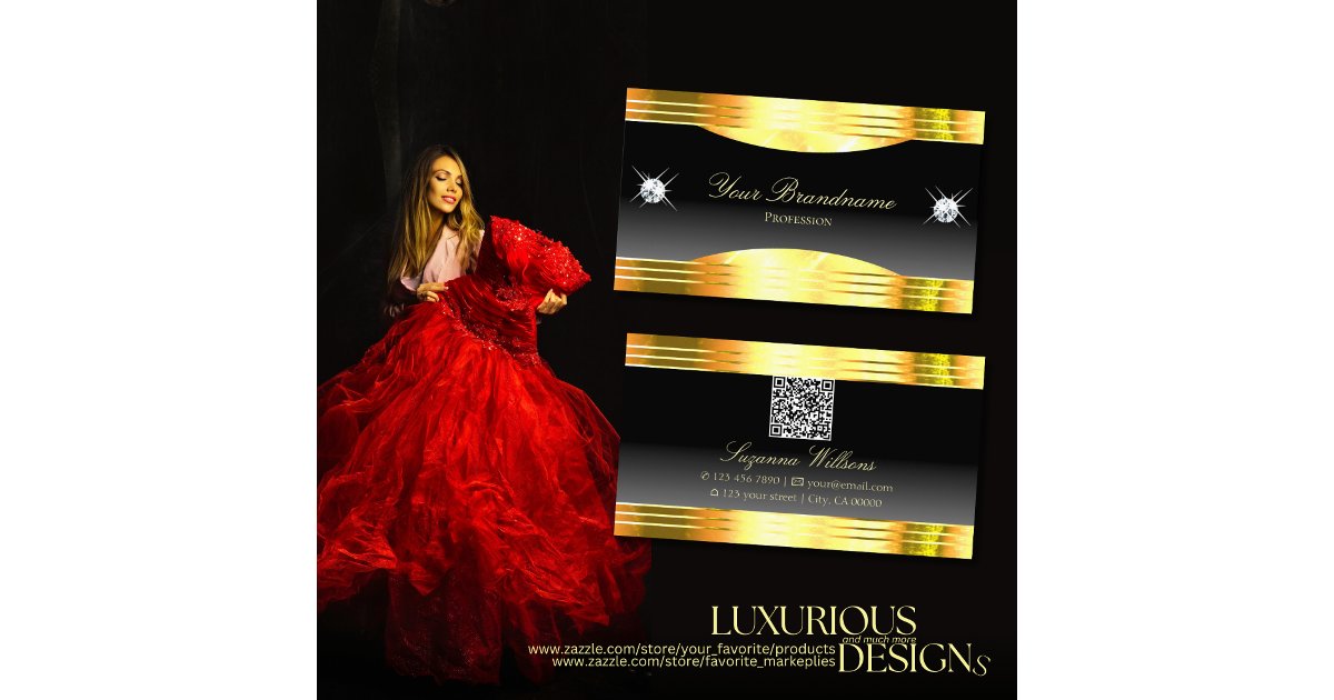Luxurious Black Ombre Gold Borders with QR Code Business Card | Zazzle
