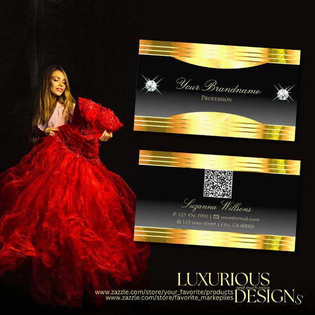 Luxurious Black Ombre Gold Borders with QR Code Business Card (Creator Uploaded)