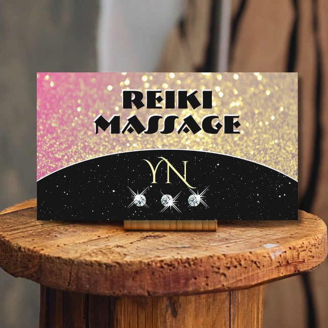 Luxurious Black Pink Gold Sparkle Glitter Monogram Business Card (Creator Uploaded)