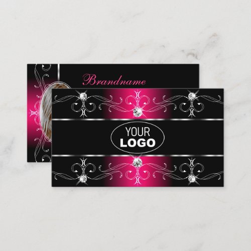 Luxurious Black Pink Ornate Borders Logo and Photo Business Card