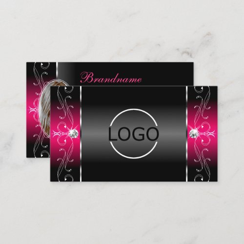Luxurious Black Pink Squiggled Jewels Logo  Photo Business Card