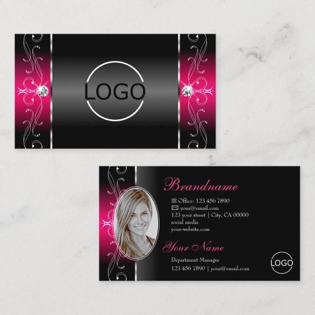 Luxurious Black Pink Squiggled Jewels Logo & Photo Business Card (Front/Back)