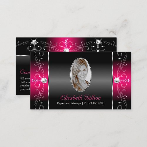 Luxurious Black Pink Squiggled Jewels with Photo Business Card