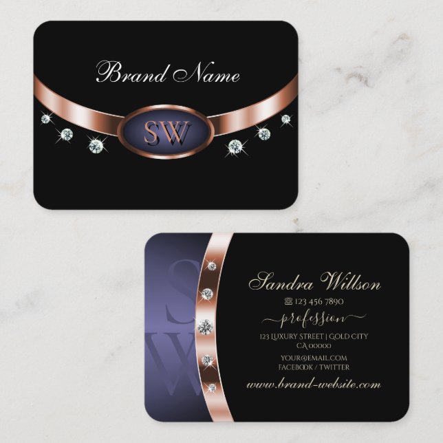 Luxurious Black Rose Gold Blue Monogram Jewels Business Card (Front/Back)