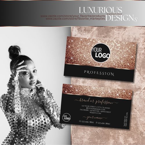 Luxurious Black Rose Gold Glitter Stars add Logo Business Card