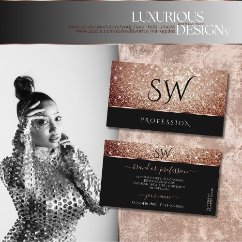 Luxurious Black Rose Gold Glitter Stars Initials Business Card