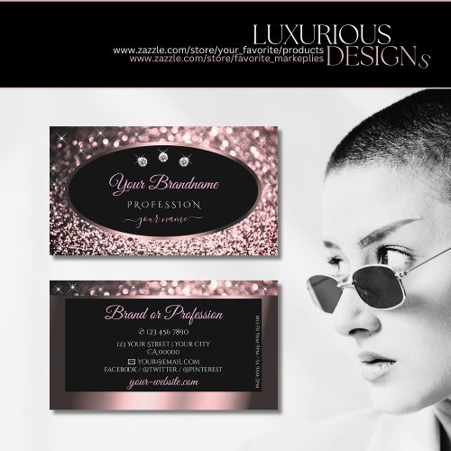 Luxurious Black Rose Gold Sparkle Glitter Diamonds Business Card