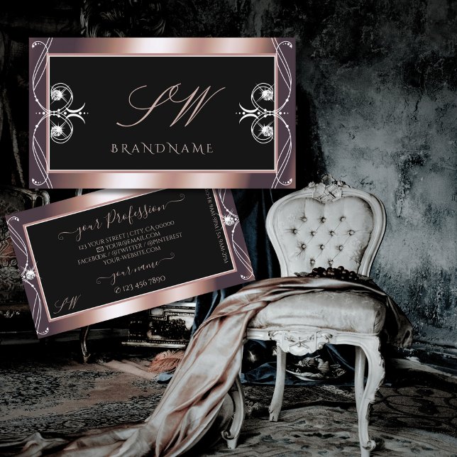 Luxurious Black Rose Gold Sparkle Jewels Initials Business Card (Creator Uploaded)